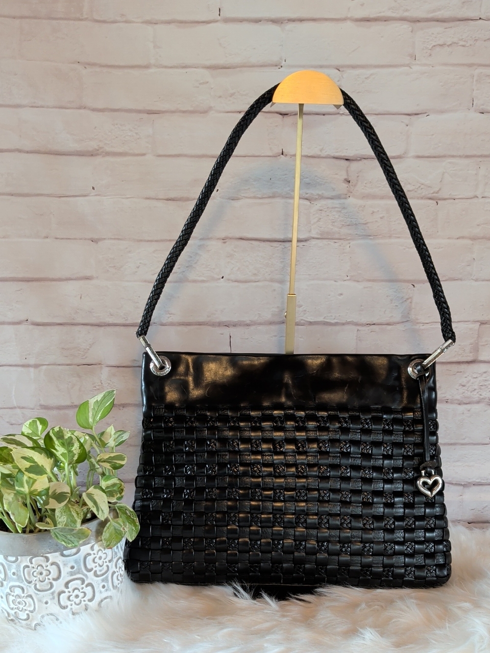 Brighton Black Woven Shoulder Bag with Braided Strap and Heart Charm